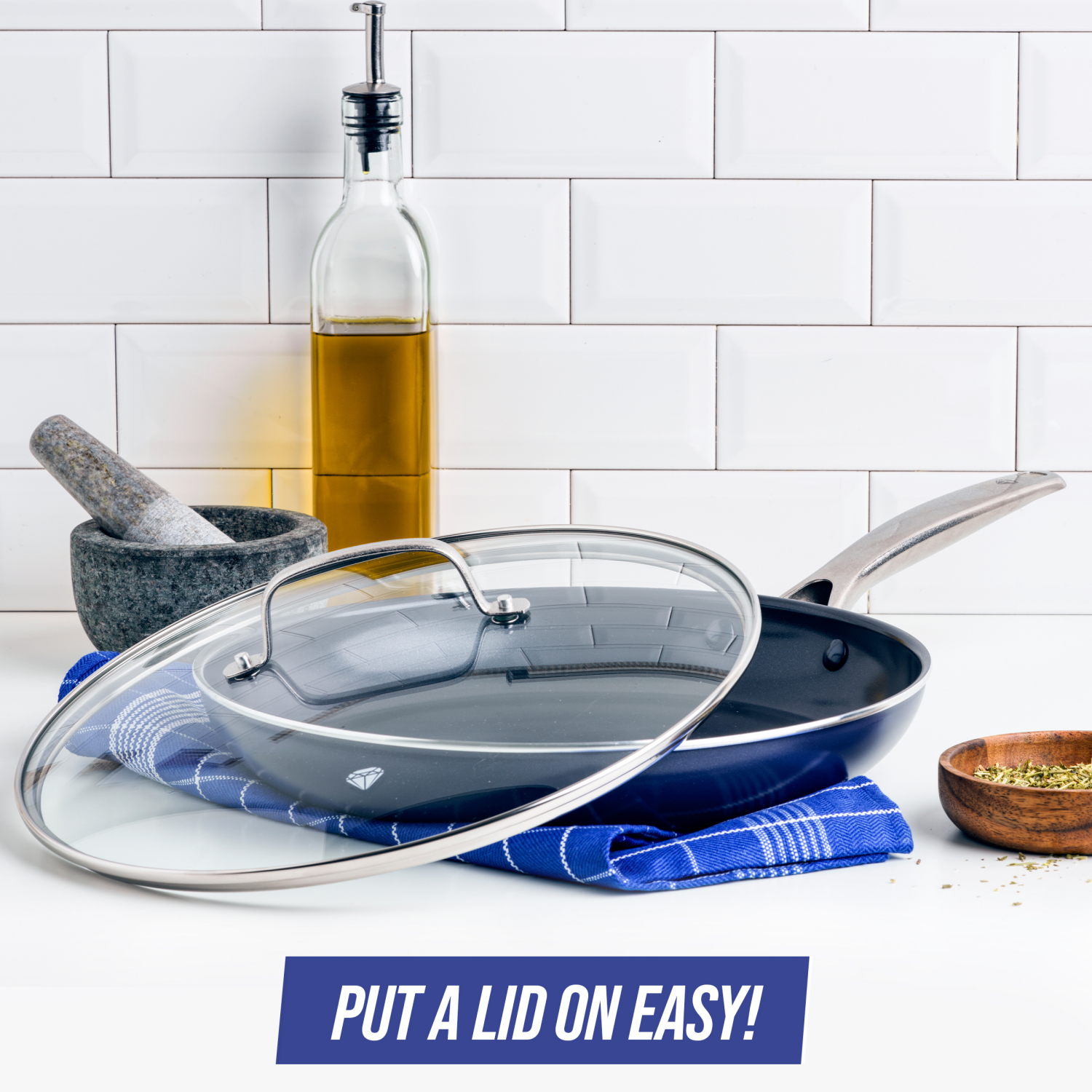 slide 2 of 8, Blue Diamond Frypan With Lid - Blue, 12 in