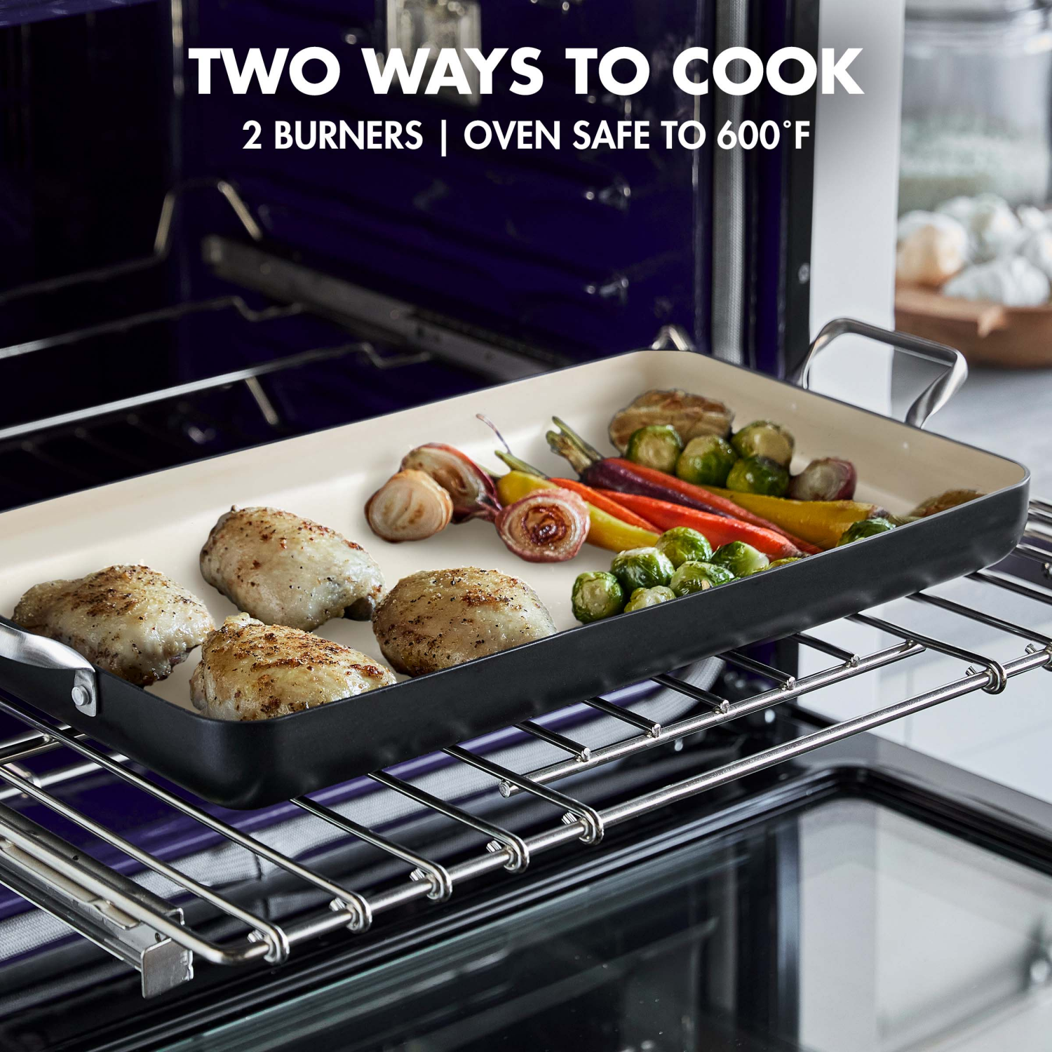 slide 3 of 8, GREEN PAN Greenpan Rio Healthy Ceramic Nonstick, 18" x 11" Double Burner Griddle Pan, PFAS-free, Black, 18 in x 11 in