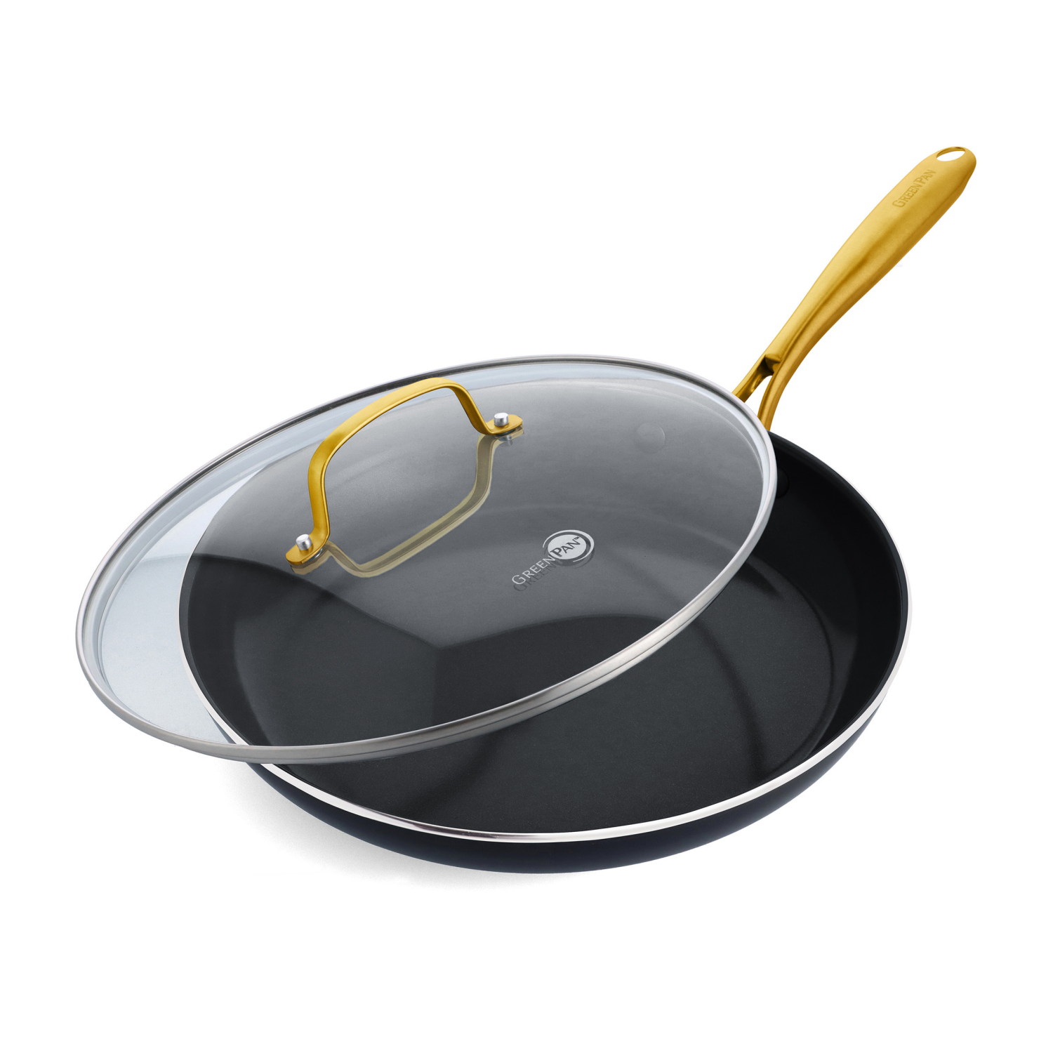 slide 1 of 7, GREEN PAN GreenPan Studio 12" Covered Frypan, Ceramic Nonstick - Black, 12 in