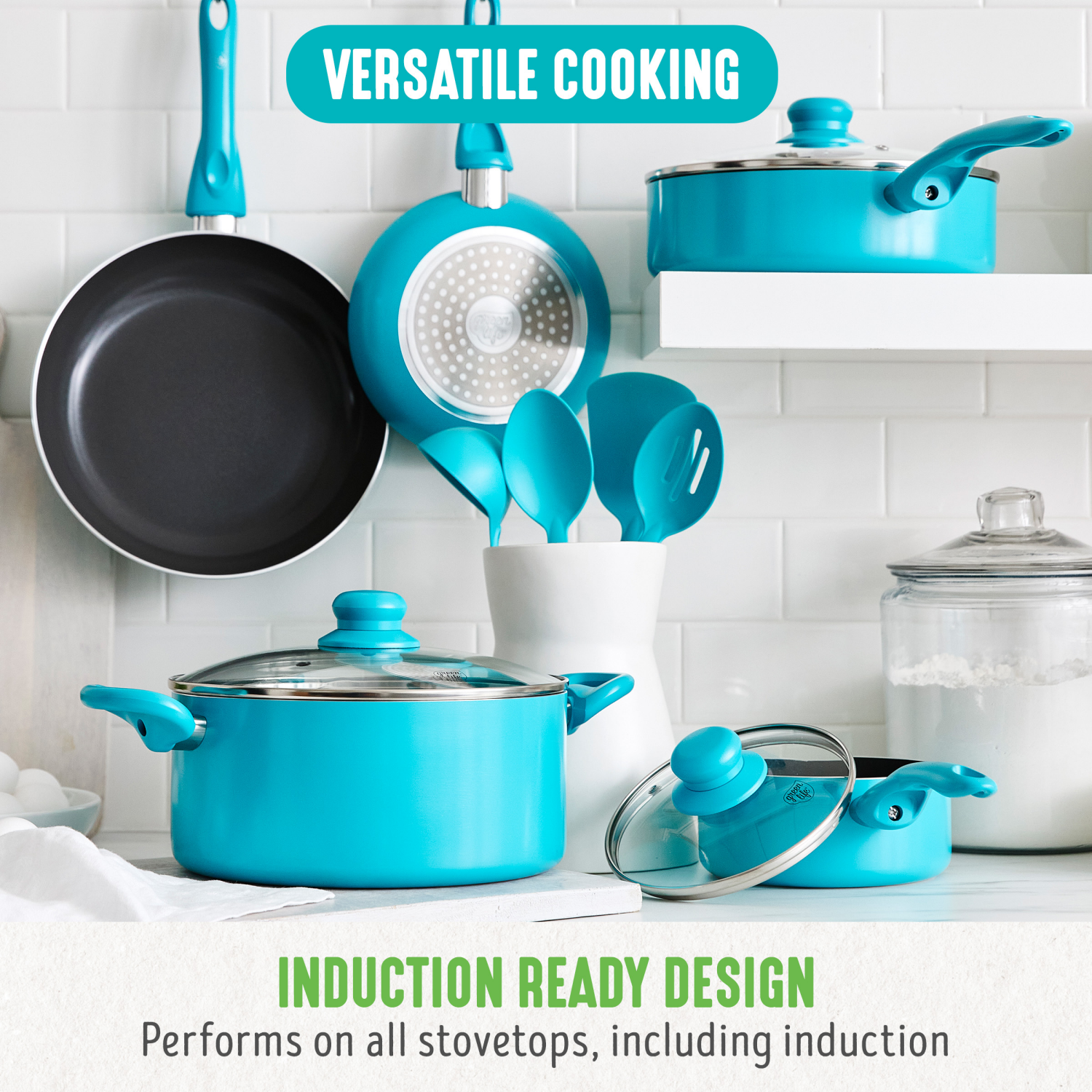 slide 2 of 8, GreenLife Essentials 12Pc Ceramic Nonstick Aluminum Cookware Set - Carribean Blue, 12 ct
