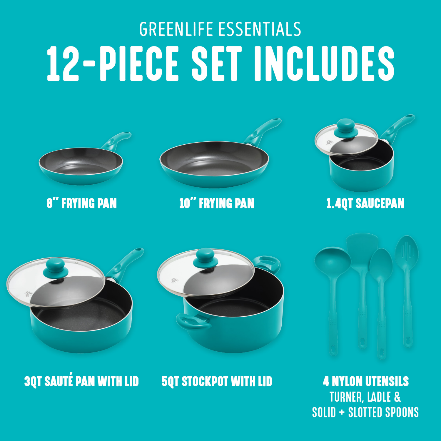 slide 5 of 8, GreenLife Essentials 12Pc Ceramic Nonstick Aluminum Cookware Set - Carribean Blue, 12 ct