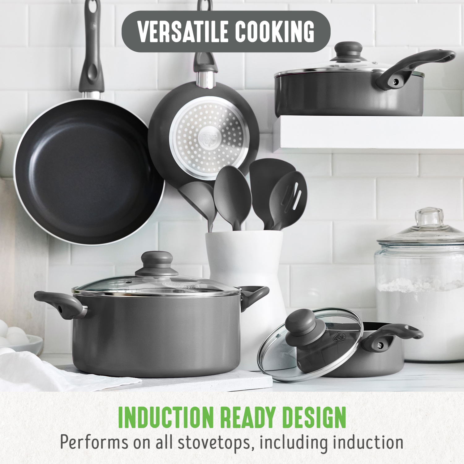 slide 2 of 8, GreenLife Essentials 12Pc Ceramic Nonstick Aluminum Cookware Set - Charcoal Grey, 12 ct