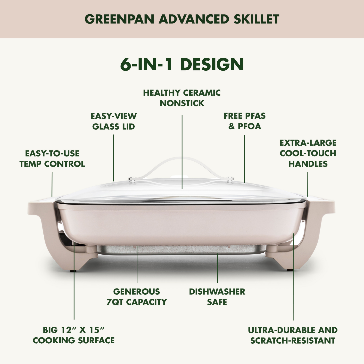 slide 5 of 8, GREEN PAN GreenPan 7-Quart Advanced Electric Skillet Grey, PFAS-Free Ceramic Nonstick, 7 qt