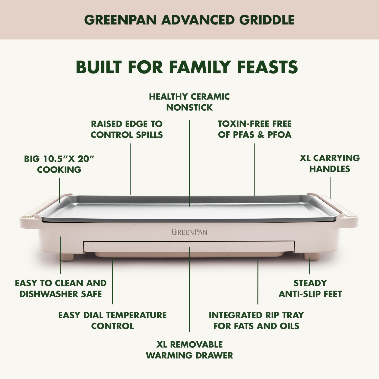 slide 8 of 8, GREEN PAN GreenPan 10"x 20" Ceramic Nonstick Advanced Electric Griddle with Warming Drawer - Clay, 20 in