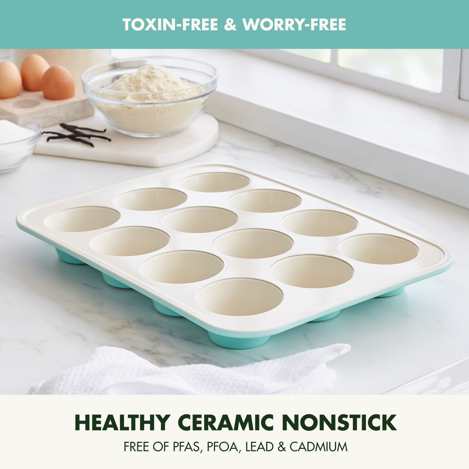 slide 2 of 8, GREEN PAN GreenPan Bakewell 12-Cup Muffin Pan, Healthy Ceramic Nonstick Bakeware, Turquoise, 1 ct