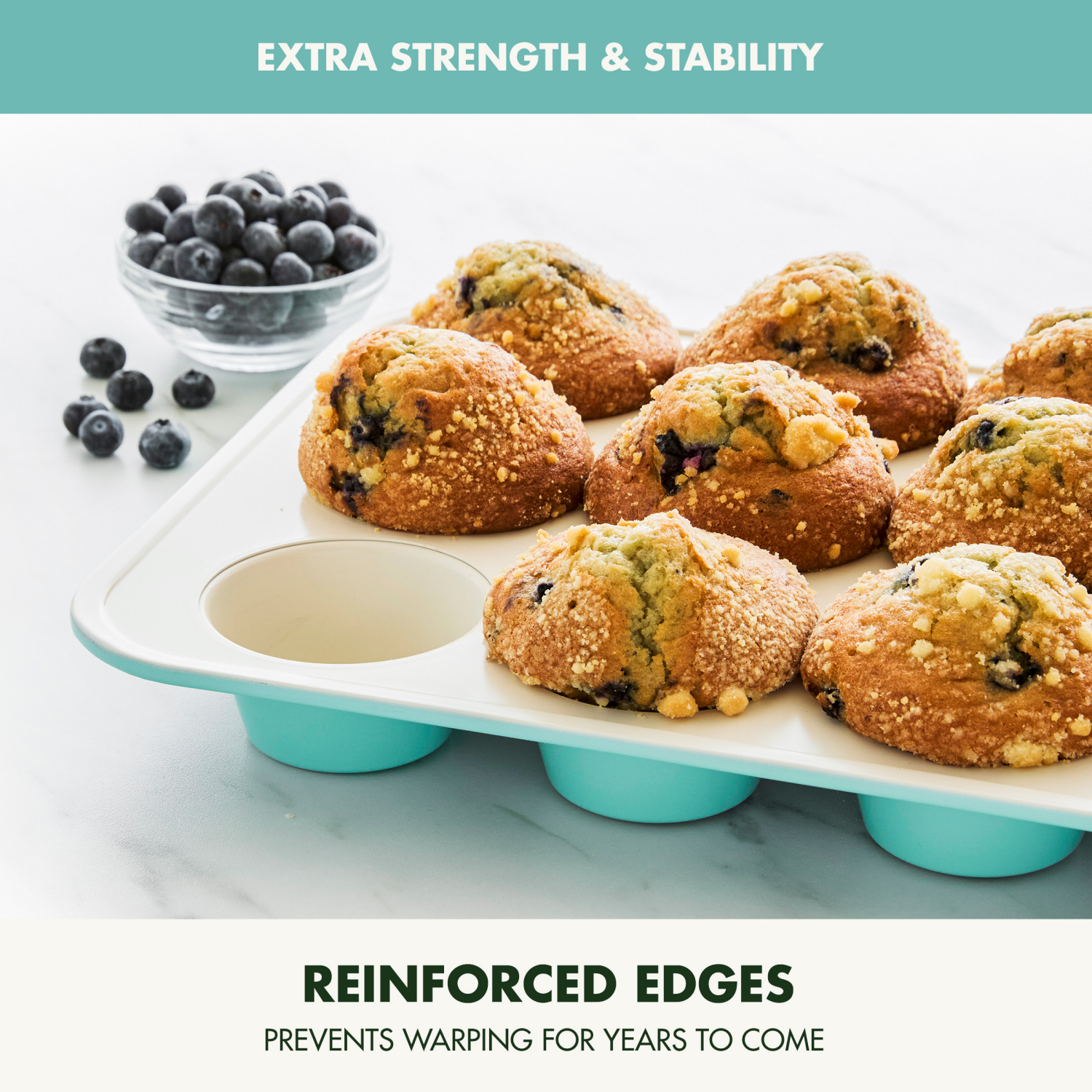 slide 3 of 8, GREEN PAN GreenPan Bakewell 12-Cup Muffin Pan, Healthy Ceramic Nonstick Bakeware, Turquoise, 1 ct