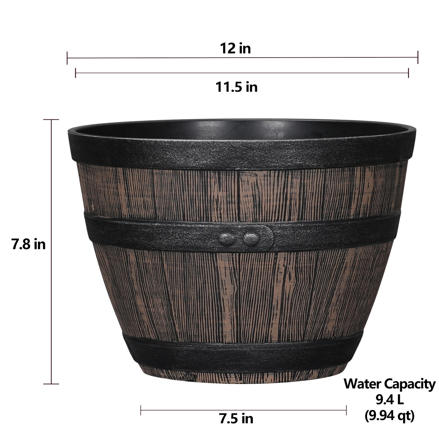 slide 4 of 4, Whiskey Barrel Planter, 12 in x 7.8 in, Brown, 12 in