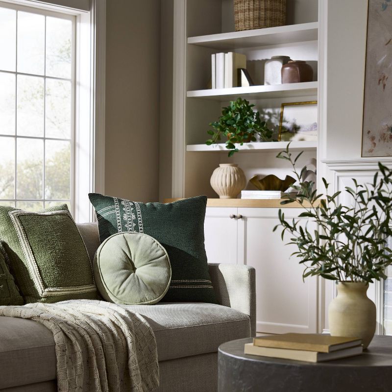 slide 2 of 4, Threshold designed w/Studio McGee Embroidered Frame Square Throw Pillow Sage/Cream - Threshold™ designed with Studio McGee: Cotton-Blend, Indoor Decor, Zippered, 1 ct