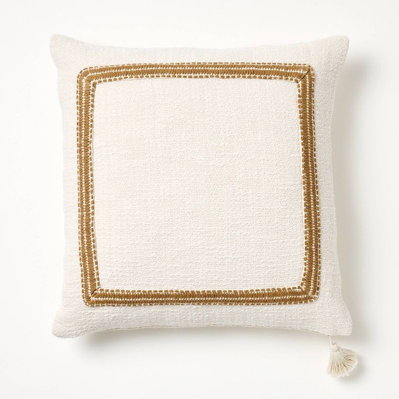 slide 1 of 4, Threshold designed w/Studio McGee Embroidered Frame Square Throw Pillow Cream/Dark Tan - Threshold™ designed with Studio McGee: Cotton Blend, Zipper Closure, Indoor Use, 1 ct