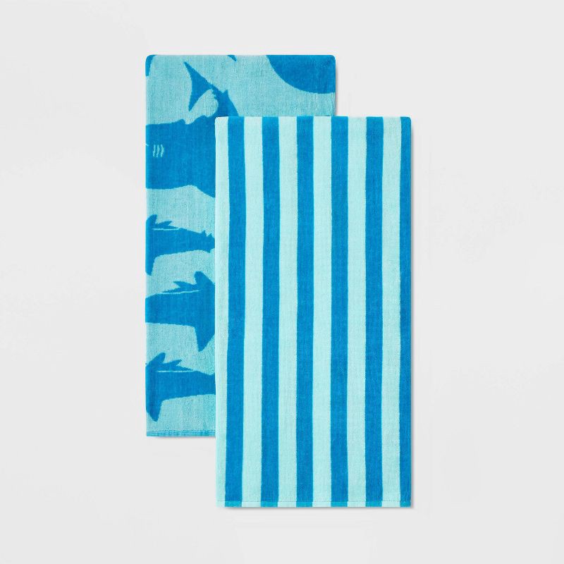 slide 2 of 3, 2pk Striped Sharks Beach Towels Aqua - Sun Squad™, 2 ct