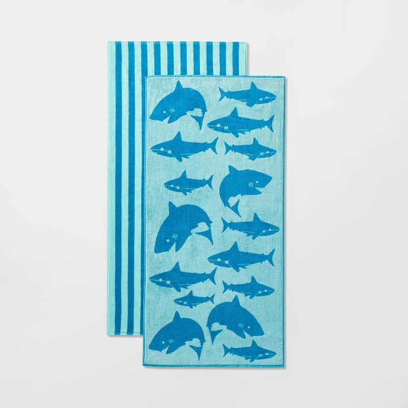 slide 1 of 3, 2pk Striped Sharks Beach Towels Aqua - Sun Squad™, 2 ct