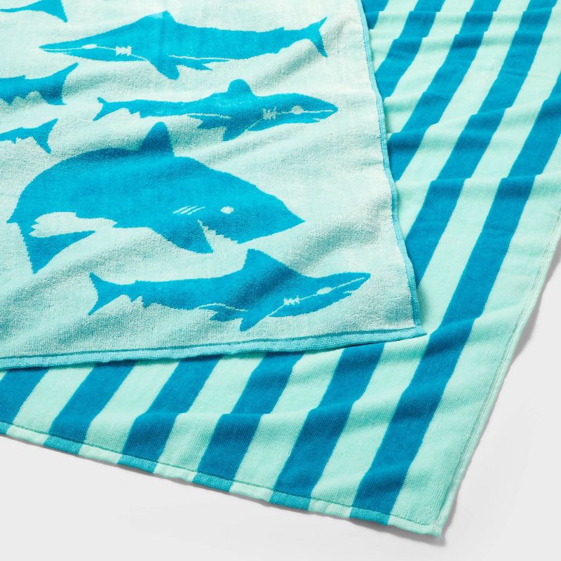 slide 3 of 3, 2pk Striped Sharks Beach Towels Aqua - Sun Squad™, 2 ct