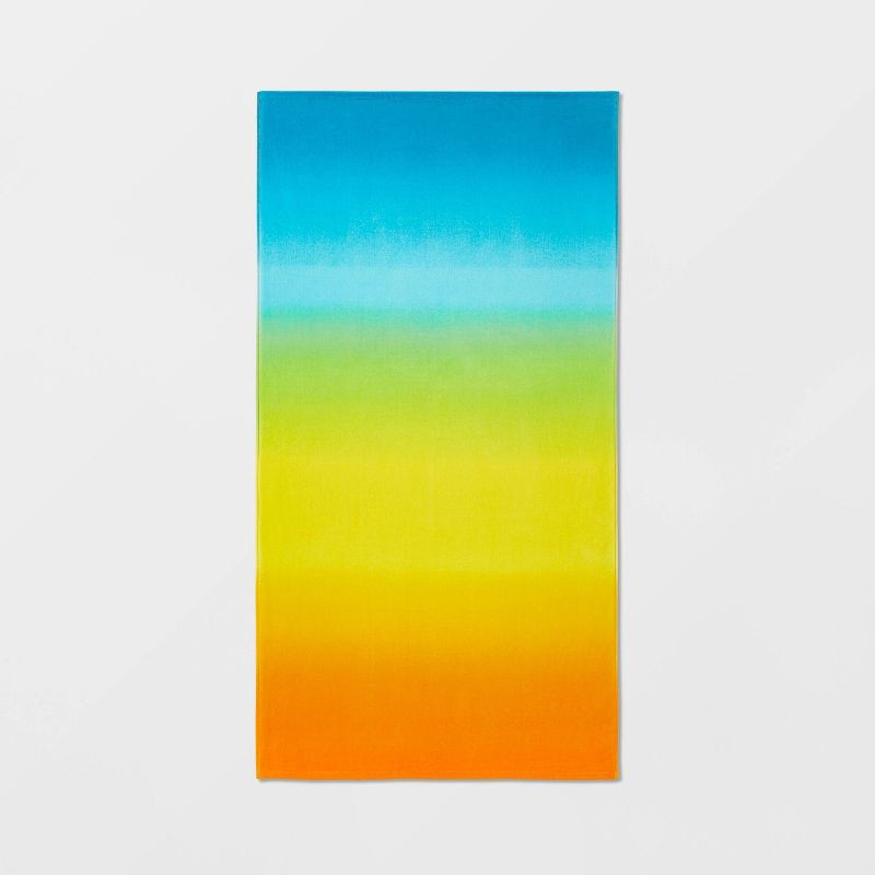 slide 1 of 4, Gradient Beach Towel Blue/Yellow/Orange - Sun Squad™: Velour Cotton, Ombre Design, Lightweight, Machine Washable, 1 ct