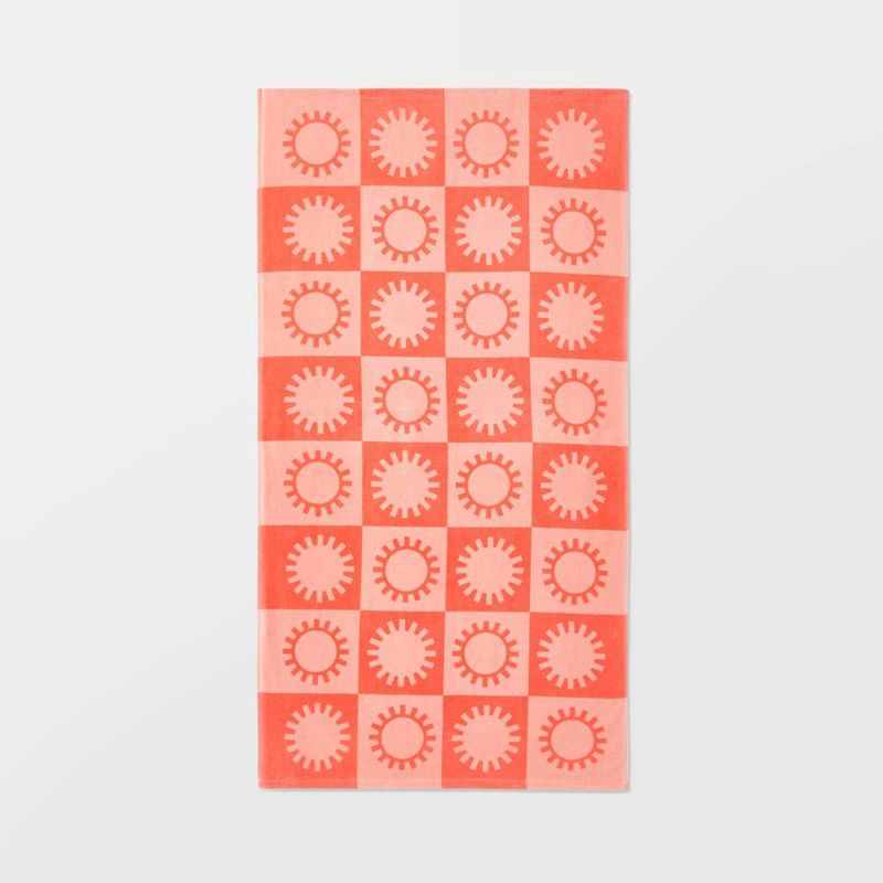 slide 1 of 4, Checkered Sun Beach Towel Coral - Sun Squad™: Velour Cotton, Lightweight, Pool & XL Size, 1 ct