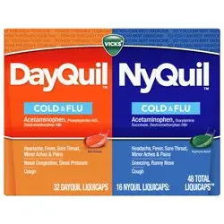 Vicks DayQuil & NyQuil Co-Pack, Cold & Flu Over-the-Counter Medicine, Powerful Multi-Symptom Daytime and Nighttime Relief for Headache, Fever, Sore Throat, Minor Aches and Pains, and Cough, 48ct