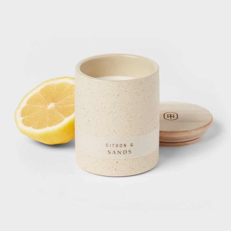 slide 3 of 3, 6oz Matte Textured Ceramic Wooden Wick Candle Ivory/Citron and Sands - Threshold™: Soy Wax Blend, Nautical Decor, 28hr Burn, 6 oz