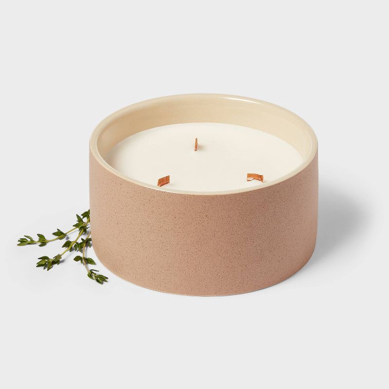 slide 3 of 3, 3 Wick Matte Textured Ceramic Wooden Wick White Sage Thyme Candle Brown 14oz - Threshold™: Soy Wax Blend, 48hr Burn Time, 14 oz