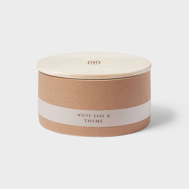 slide 1 of 3, 3 Wick Matte Textured Ceramic Wooden Wick White Sage Thyme Candle Brown 14oz - Threshold™: Soy Wax Blend, 48hr Burn Time, 14 oz
