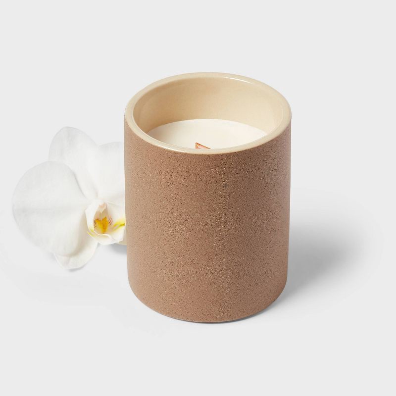 slide 3 of 3, 6oz Matte Textured Ceramic Wooden Wick Candle Brown / Coconut Water and Orchid - Threshold™: Soy Wax Blend, Nautical Decor, 28hr Burn Time, 6 oz