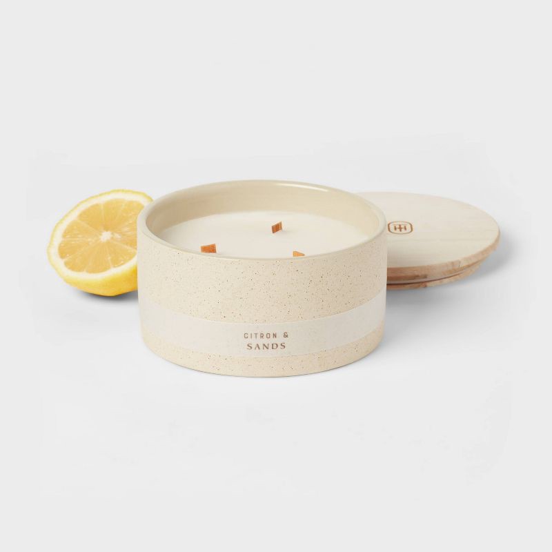 slide 3 of 3, 3-Wick 14oz Matte Textured Ceramic Wooden Wick Candle Ivory/Citron and Sands - Threshold™: Soy Wax Blend, Spring Ambiance, 48hr Burn Time, 14 oz