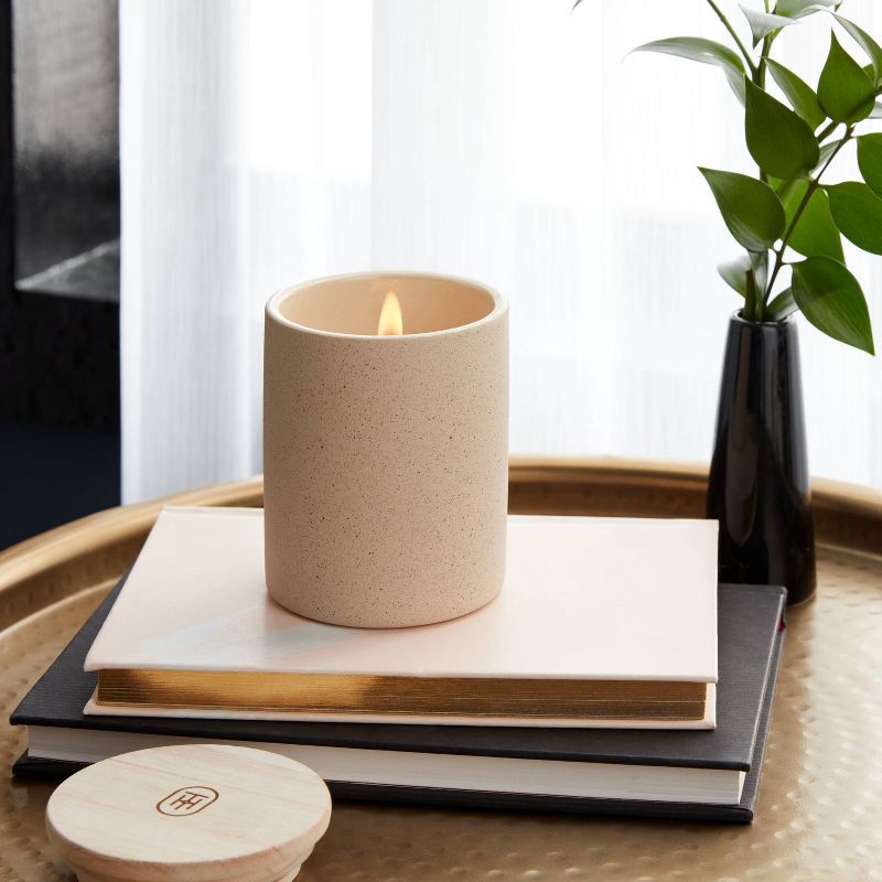 slide 2 of 3, 6oz Matte Textured Ceramic Wooden Wick Candle Ivory/Island Starfruit and Nectarine - Threshold™: Soy Wax Blend, Nautical Decor, 28hr Burn, 6 oz