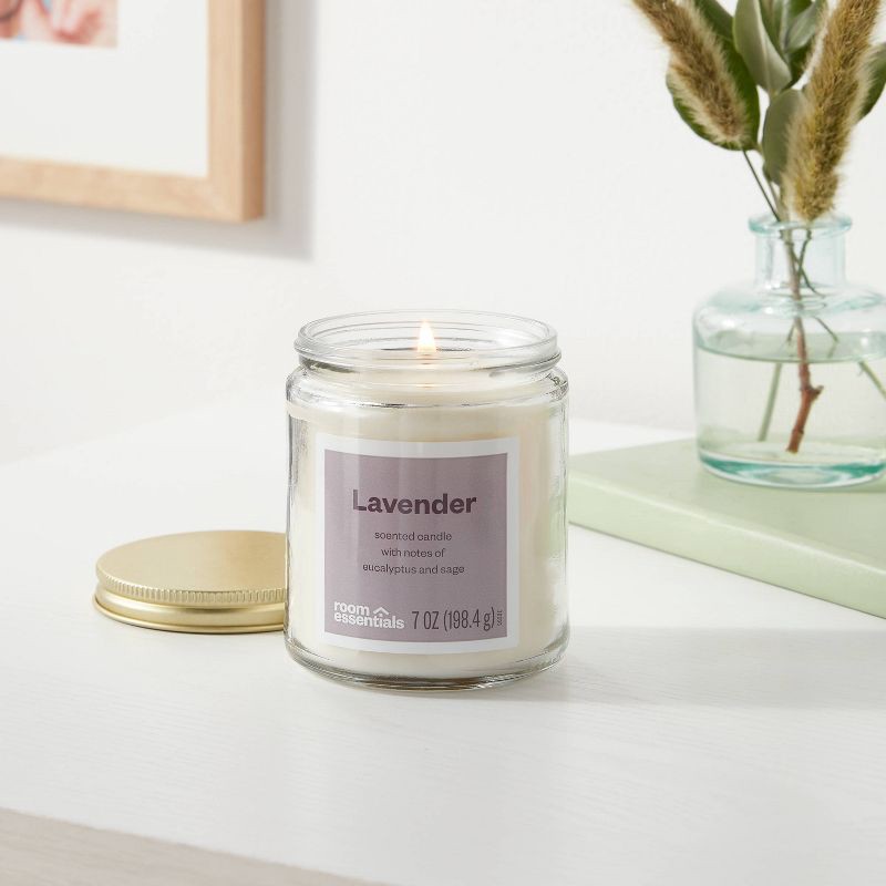 slide 2 of 3, 7oz Glass Jar Lavender Candle with Lid - Room Essentials™: Sage & Eucalyptus Scent, 25hr Burn Time, Paraffin & Palm Wax, 7 oz
