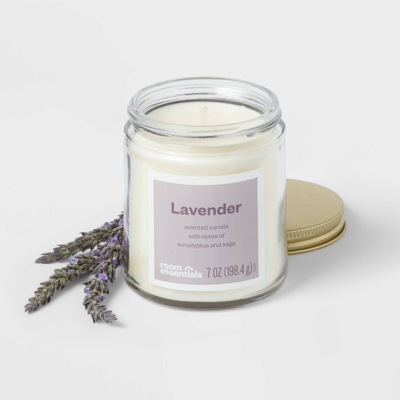 slide 3 of 3, 7oz Glass Jar Lavender Candle with Lid - Room Essentials™: Sage & Eucalyptus Scent, 25hr Burn Time, Paraffin & Palm Wax, 7 oz