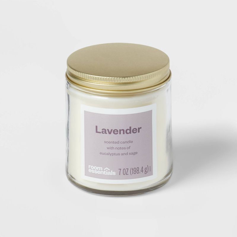 slide 1 of 3, 7oz Glass Jar Lavender Candle with Lid - Room Essentials™: Sage & Eucalyptus Scent, 25hr Burn Time, Paraffin & Palm Wax, 7 oz