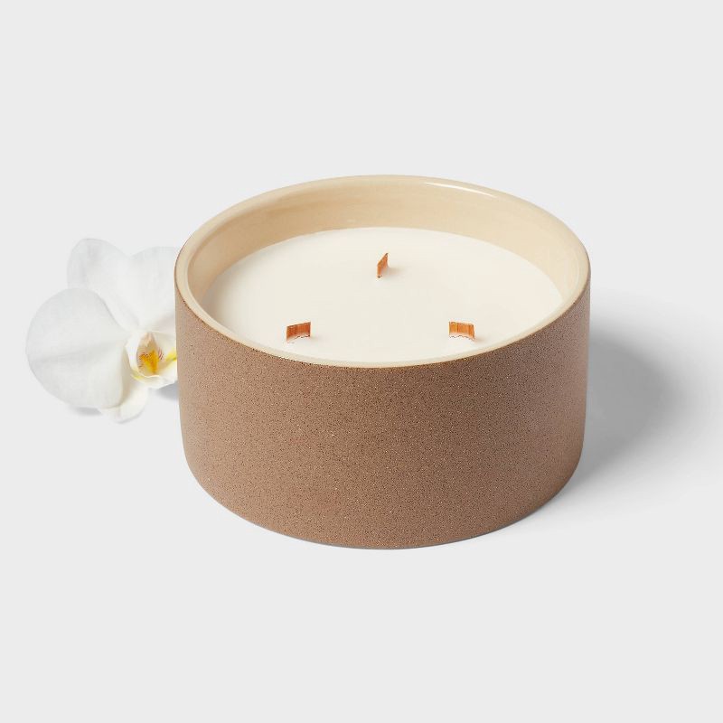 slide 3 of 3, 3 Wick 14oz Matte Textured Ceramic Wooden Wick Candle Brown / Coconut Water and Orchid – Threshold™;, 14 oz