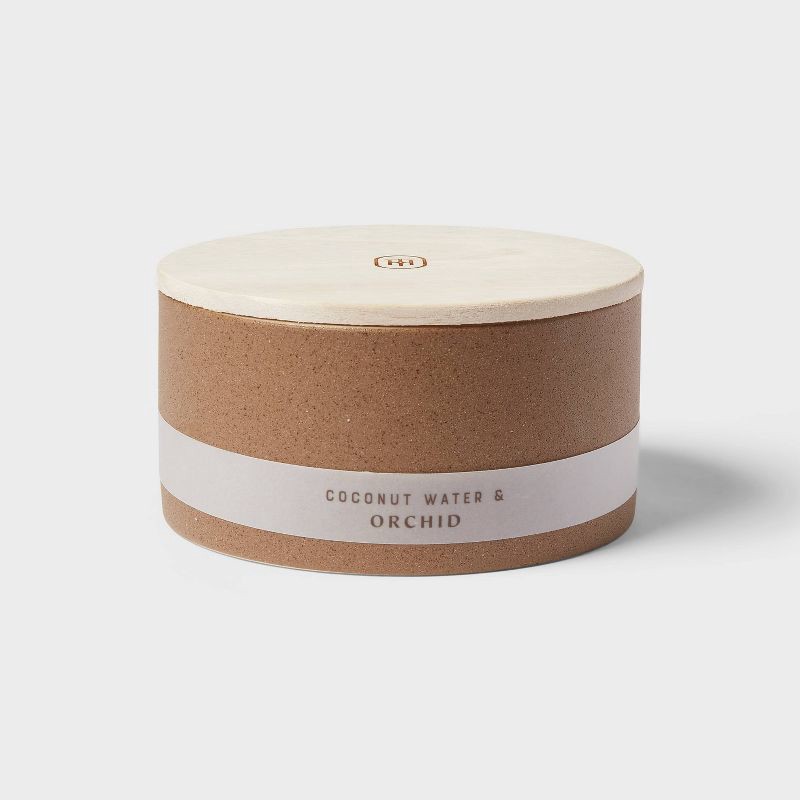 slide 1 of 3, 3 Wick 14oz Matte Textured Ceramic Wooden Wick Candle Brown / Coconut Water and Orchid – Threshold™;, 14 oz