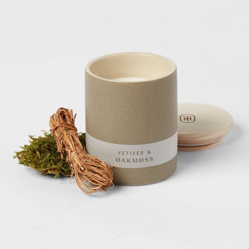 slide 3 of 3, 6oz Matte Textured Ceramic Wooden Wick Candle Green/Vetiver and Oakmoss - Threshold™: Soy Wax Blend, Nautical Decor, 28hr Burn Time, 6 oz