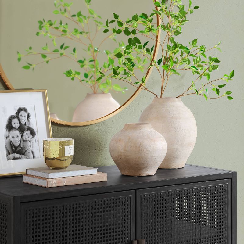 slide 2 of 3, Small Ceramic Rustic Artisan Vase - Threshold™: Neutral Distressed Decor, 7" Bouquet Holder, 1 ct