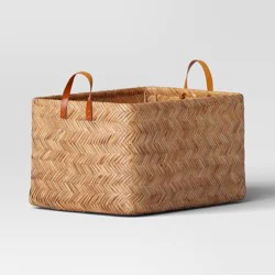 Large Herringbone Weave Basket - Threshold™: Spacious Rattan Storage, Faux-Leather Handles, Multicolored Decorative Organizer