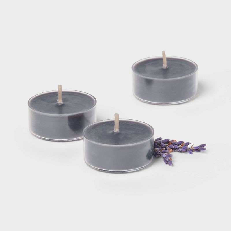 slide 2 of 2, 12pk Tealight Candles Charcoal and Black Teak - Threshold™: Scented, 4hr Burn Time, Paraffin & Palm Wax, 12 ct