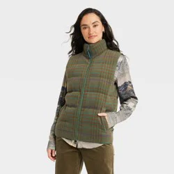 Houston White Adult Puffer Vest - Green Plaid M