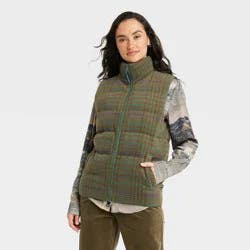 Houston White Adult Puffer Vest - Green Plaid M