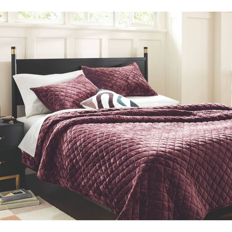 slide 2 of 3, Full/Queen Luxe Diamond Stitch Velvet Quilt Berry Red - Threshold™: Gender Neutral, OEKO-TEX Certified, 1 ct
