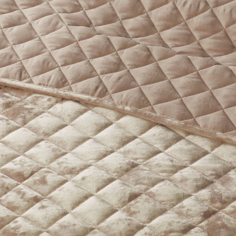 slide 3 of 3, Full/Queen Luxe Diamond Stitch Velvet Quilt Light Brown - Threshold™: Gender Neutral, OEKO-TEX Certified, 1 ct