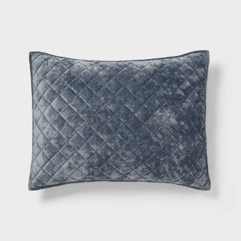 slide 1 of 3, Standard Luxe Diamond Stitch Velvet Quilt Pillow Sham Slate Blue - Threshold™: Recycled Polyester, OEKO-TEX Certified, No Flange, 1 ct