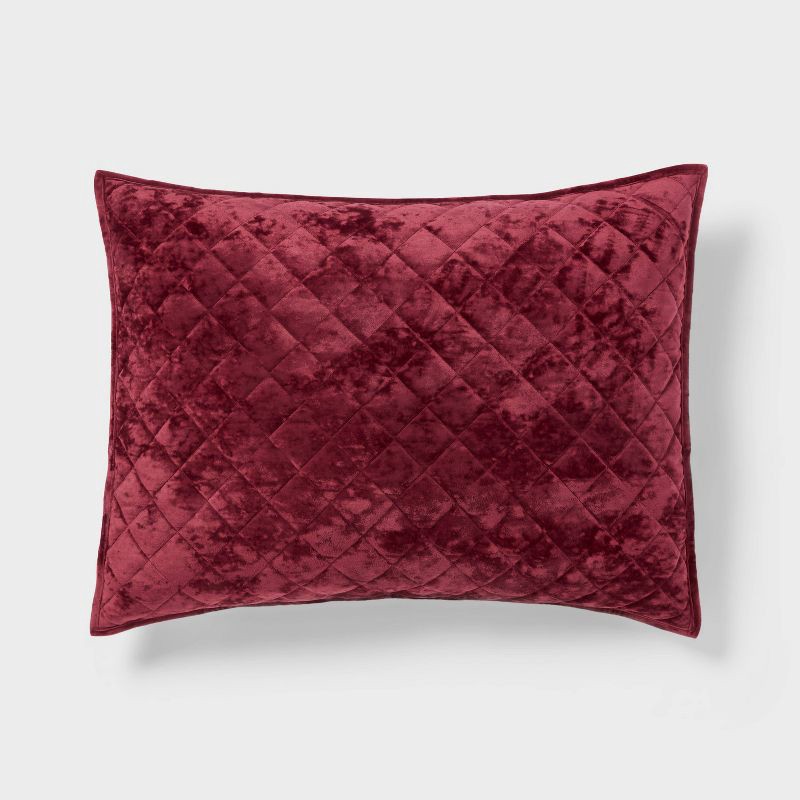 slide 1 of 3, Standard Luxe Diamond Stitch Velvet Quilt Pillow Sham Berry Red - Threshold™: Recycled Polyester, OEKO-TEX Certified, No Flange, 1 ct