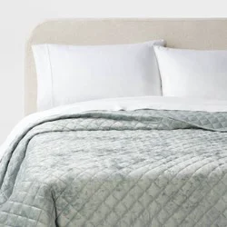 Full/Queen Luxe Diamond Stitch Velvet Quilt Light Teal Green - Threshold™: OEKO-TEX Certified