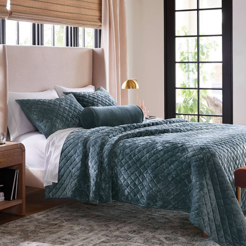 slide 2 of 3, King Luxe Diamond Stitch Velvet Quilt Slate Blue - Threshold™: Recycled Polyester, Year Round Comfort, OEKO-TEX Certified, 1 ct