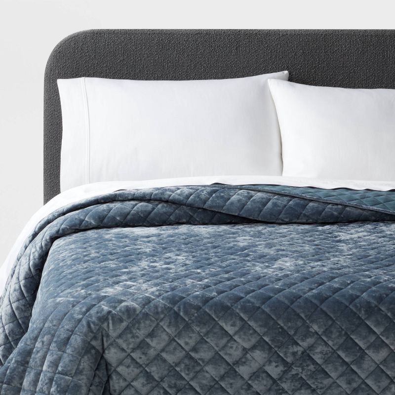 slide 1 of 3, King Luxe Diamond Stitch Velvet Quilt Slate Blue - Threshold™: Recycled Polyester, Year Round Comfort, OEKO-TEX Certified, 1 ct