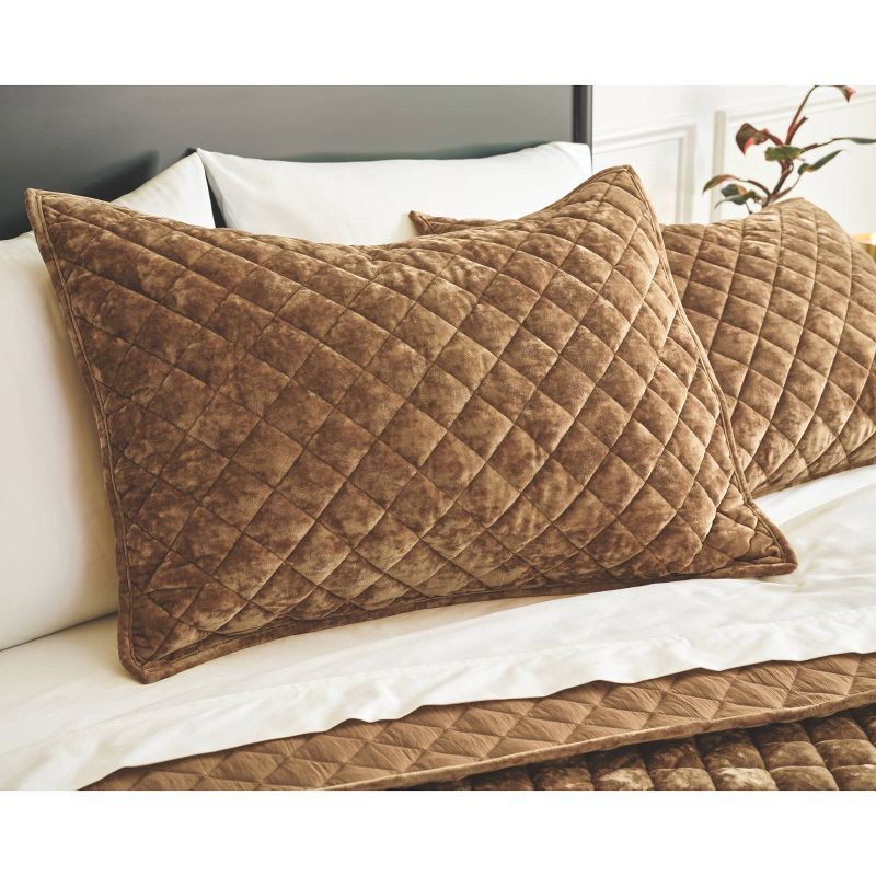 slide 2 of 3, Standard Luxe Diamond Stitch Velvet Quilt Pillow Sham Camel - Threshold™: Recycled Polyester, OEKO-TEX Certified, No Flange, 1 ct