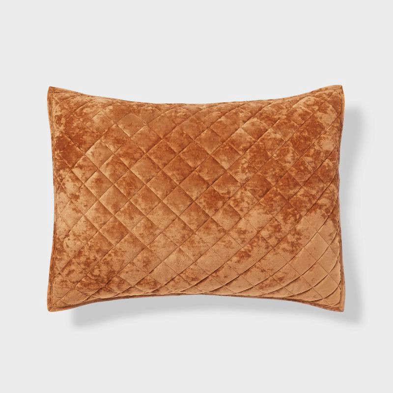 slide 1 of 3, Standard Luxe Diamond Stitch Velvet Quilt Pillow Sham Camel - Threshold™: Recycled Polyester, OEKO-TEX Certified, No Flange, 1 ct