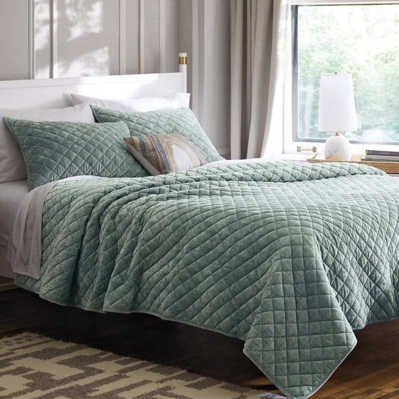 slide 2 of 3, King Luxe Diamond Stitch Velvet Quilt Light Teal Green - Threshold™: OEKO-TEX Certified, Machine Washable, Year-Round Comfort, 1 ct