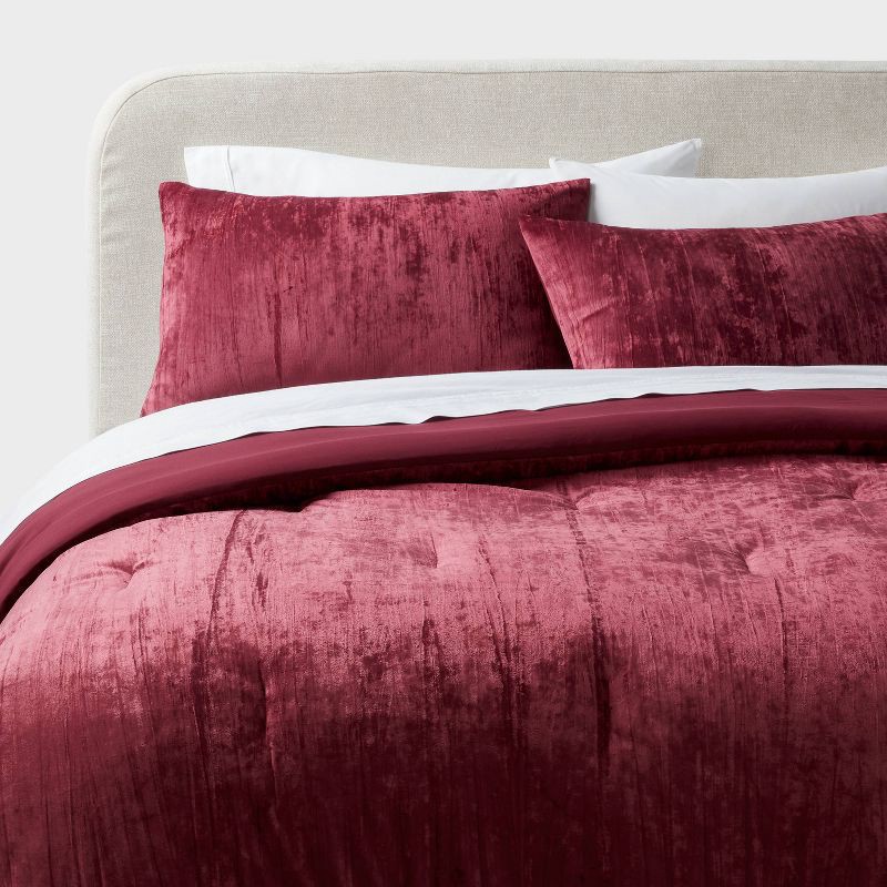 slide 1 of 2, 3pc Full/Queen Luxe Distressed Crinkle Velvet Comforter and Sham Set Berry Red - Threshold™: OEKO-TEX Certified, 3 ct