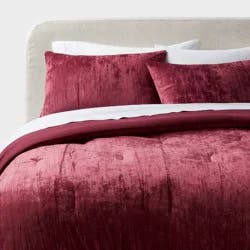 3pc Full/Queen Luxe Distressed Crinkle Velvet Comforter and Sham Set Berry Red - Threshold™: OEKO-TEX Certified