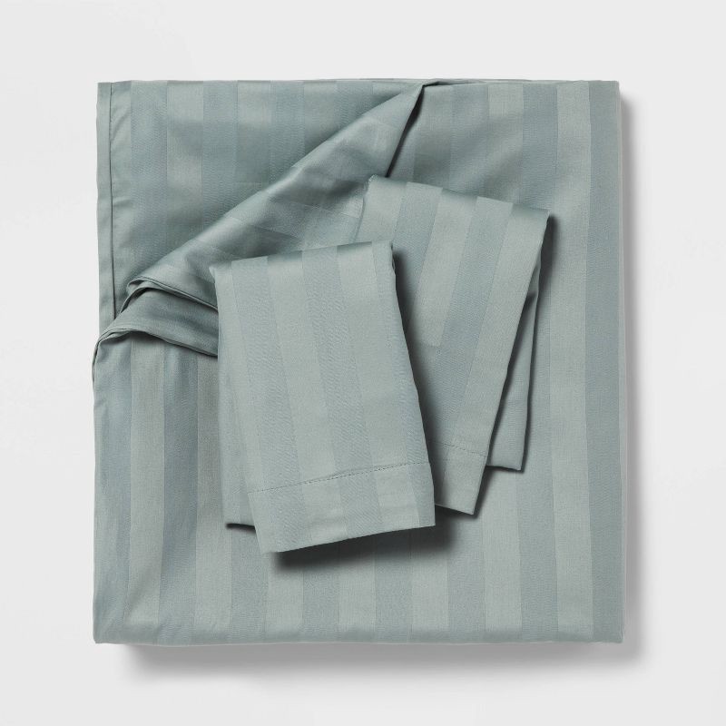 slide 2 of 5, 3pc Full/Queen Luxe Striped Damask Duvet Cover and Sham Set Light Teal Green - Threshold™: 300 Thread Count, Cotton, OEKO-TEX Certified, 3 ct
