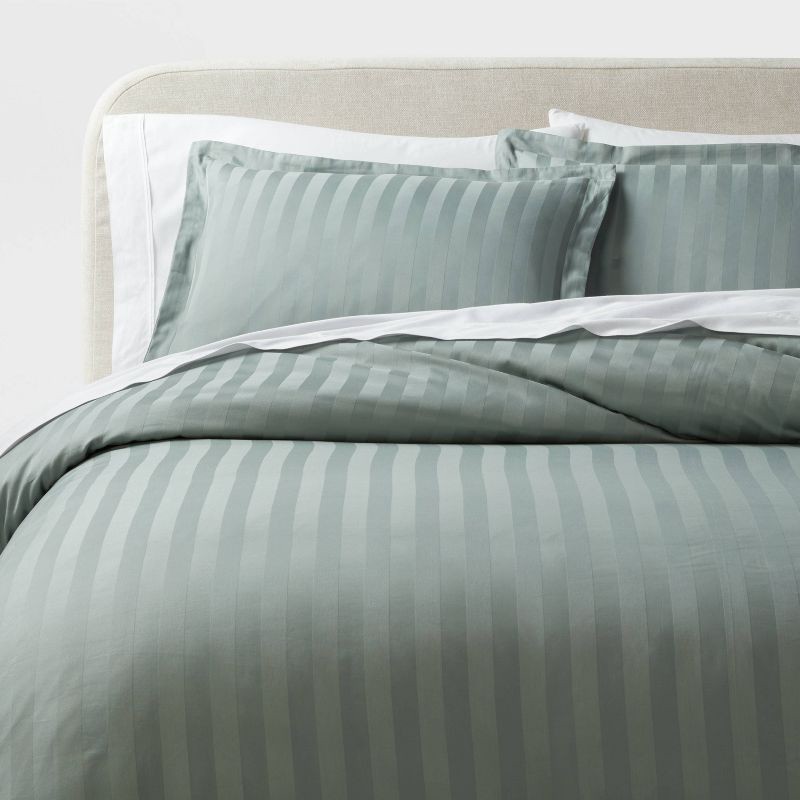 slide 1 of 5, 3pc Full/Queen Luxe Striped Damask Duvet Cover and Sham Set Light Teal Green - Threshold™: 300 Thread Count, Cotton, OEKO-TEX Certified, 3 ct